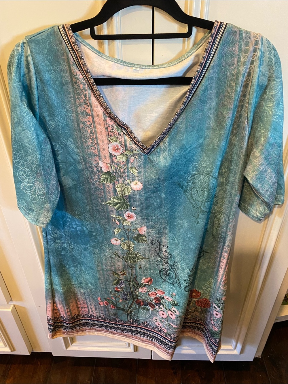 Floral V-Neck Short Sleeve Mini Dress - Teal
